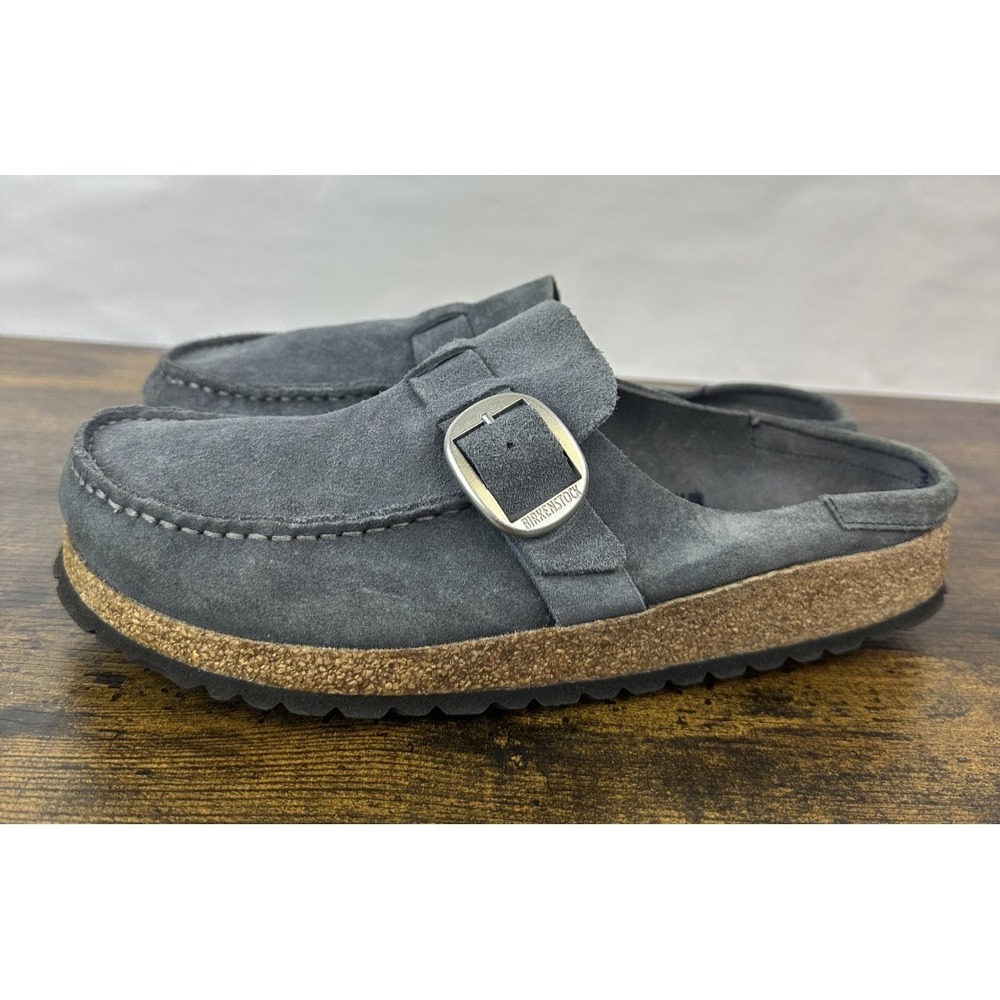 Birkenstock Buckley Blue Grey Suede Clog Cork Shoes Size 41 Women's 10 Men's 8 - Picture 13 of 14